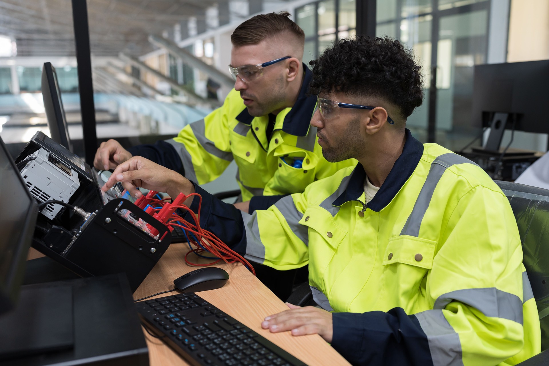 Machine learning. Electrical engineer. Works on desktop computer. Team of male engineers training Programmable logic controller in workshop. Industrial computer concept